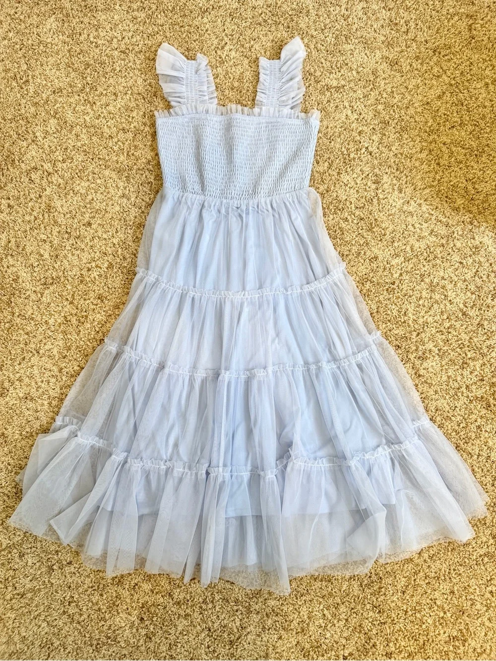 Baltic Born Emma Smocked Midi Tulle Dress EUC Light Blue M Tiered Tulle Ruffle - Picture 4 of 8